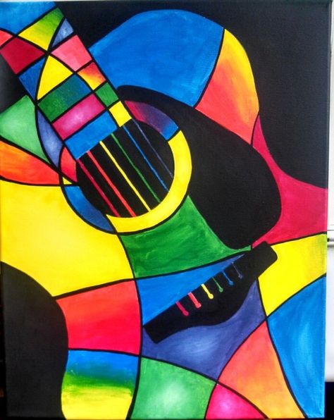 Rainbow Guitar Abstract Guitar Painting Acrylics, Cubism Guitar, Rainbow Guitar, Kitchen Canvas Art, Tufting Diy, Contrast Art, Guitar Drawing, Kitchen Canvas, Middle School Art Projects