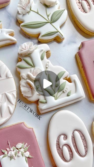 Jessica on Instagram: "🌸Okay, last floral design from the 60th birthday set of cookies. I had plans to deviate and incorporate different types of florals throughout this order—- but I clearly enjoyed this design and decided not to over complicate things (a rarity 😅). I kept these cookies super neat and clean to try and match the birthday lady’s fun and elegant personality, and it resulted in such a cohesive set that I positively adore! Side note - I’m a little picky when it comes to cookie cutters, and @6bittersweets gets it! Her collection of letter cutters is perfect! The floral and greenery embellishments are so perfectly placed and maintain the integrity of delicate and slender letters, like this letter “L.” 10/10 recommend. 💯 . . . . . . . #cookies #sugarcookies #sugarcookiesofinst Birthday Cookies Royal Icing Women, Elegant Cookies Decorated, 60th Birthday Cookies Decorated, Elegant 60th Birthday Cake For Ladies, 60th Cookies, 60th Birthday Cookies For Ladies, Letter Cookies Decorated, 60 Birthday Cookies, 60th Birthday Cake For Ladies