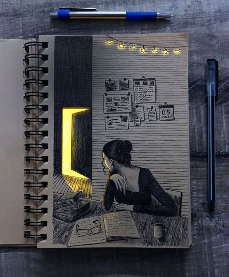 Beautiful Drawing Sketches, There's A Hope That's Waiting For You In The Dark, Paintings About Hope, Sketch Book Art Aesthetic, Sketch Book Creative Ideas, Pen Only Drawing, Aesthetic Book Art, Drawing Ideas Artistic, Sketch Color Drawings