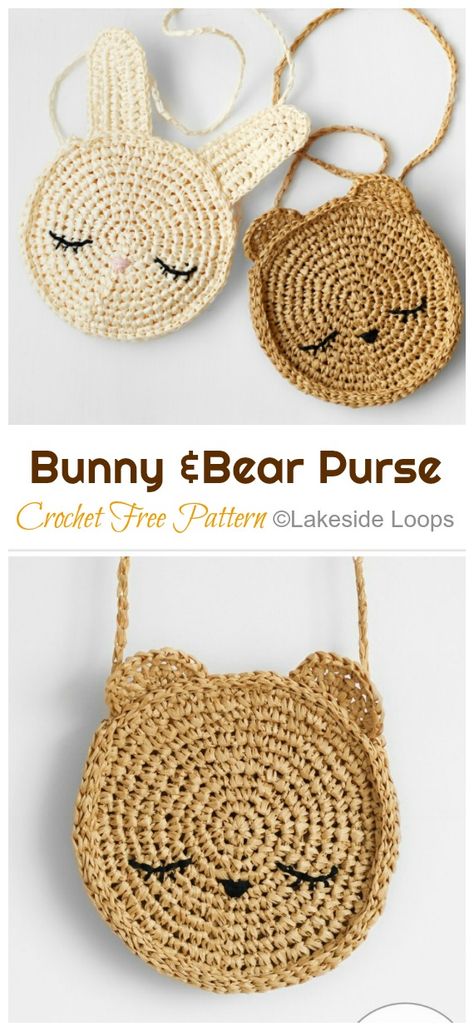 Bunny & Bear Purse Crochet Free Pattern - Crochet & Knitting Free Crochet Kids Patterns, Crochet Purse For Kids, Crochet Kids Bags Free Patterns, Crochet Bags For Kids, Crochet Kids Purse Free Pattern, Crochet Baby Bag, Crochet Kids Bag, Bear Purse, Modern Haken