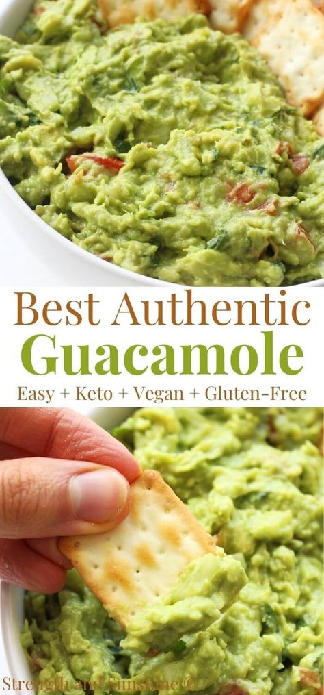 Authentic Guacamole Recipe | Strength and Sunshine | The best Authentic Guacamole Recipe! Fresh and delicious, only 6 whole food ingredients, this easy guacamole is naturally gluten-free, vegan, keto, and paleo! Cool and creamy mashed avocado with just the right amount of traditional Mexican flavors and spice! Grab your favorite tortilla chips for some delicious snacking or use it as a homemade spread for toast and sandwiches! Vegan Guacamole Recipe, Authentic Guacamole Recipe Mexico, Guacamole Recipe Best, Guacamole Dip Recipes Homemade, Smooth Guacamole Recipe, Tomatillo Guacamole, Guacamole Recipe Easy Homemade, Home Made Guacamole, Creamy Guacamole Recipe