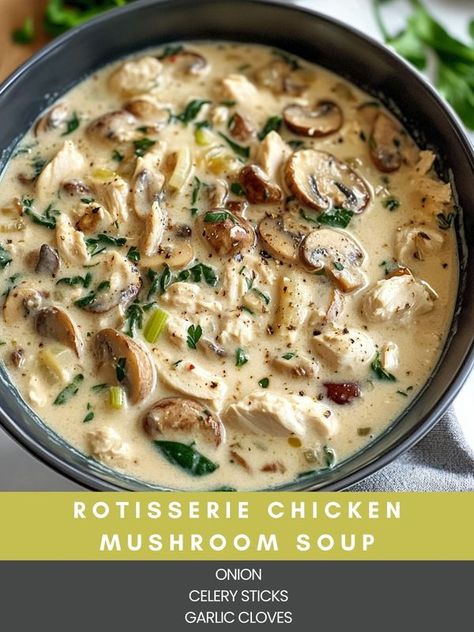 Quick Rotisserie Chicken Soup, Rotisserie Mushroom Soup, Chicken Thigh Soup Recipes Homemade, Rotisserie Mushroom Chicken Soup, Costco Rotisserie Chicken Recipes Soup, Creamy Mushroom And Chicken Soup, Cream Of Chicken Mushroom Soup, Cottage Cheese Mushroom Soup, Healthy Rotisserie Chicken Soup