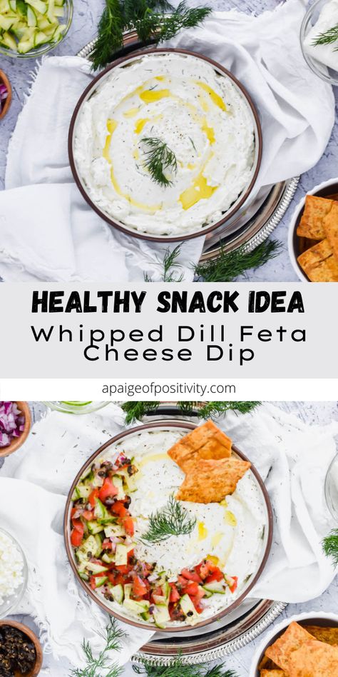 This Whipped Dill Feta Dip is a little citrusy, a little tart, and a whole lot of creamy. It's complemented so well by a fresh blend of Mediterranean staples like tomatoes, cucumbers, and olives. Mediterranean Staples, Feta Cheese Dip, Whipped Feta Dip, Strawberry Feta, Marinated Cucumbers, Light Appetizers, Feta Dip, Whipped Feta, Hearty Salads