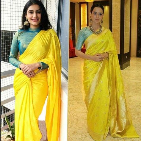 Yellow Saree Matching Blouse, Yellow Colour Saree Contrast Blouse, Saree Blouse Colour Combination, Yellow Colour Combinations Dress, Yellow Combination Outfits, Yellow Combination Dress, Yellow Color Combinations Outfits, Yellow Saree Blouse Combination, Closed Neck Blouse Designs