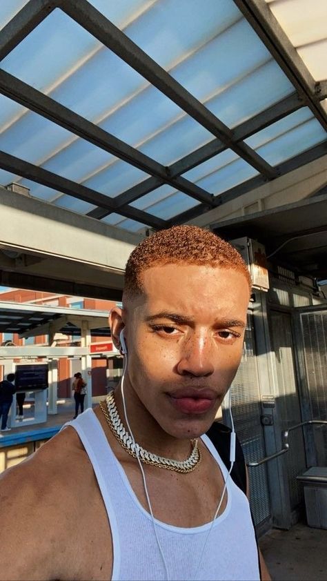 Black Man Colored Hair, Brown Dyed Hair Men, Ginger Hair Men Black, Buzzcut Men Black, Ginger Black Man, Black Men Buzzcut, Black Men Hair Color Ideas, Mens Hair Dye Ideas Colour, Ginger Buzzcut