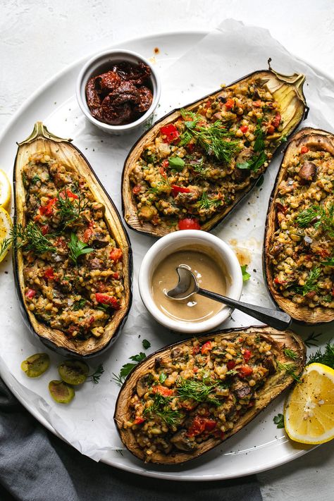 Mediterranean Eggplant Recipes, Mediterranean Eggplant, Vegan Mediterranean, Stuffed Eggplant, Fall Menu, Vegan Entree, Autumn Recipes, Steal The Spotlight, Eggplant Recipes