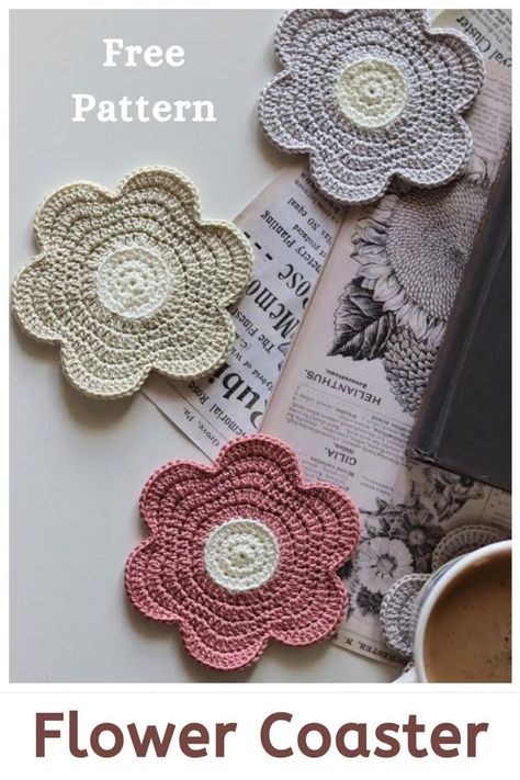 crochet flower coaster pattern for beginners, click on the pin to start crocheting! Small Crochet Gifts, Start Crocheting, Crochet Coasters Free Pattern, Flower Coaster, Flower Coasters, Coaster Pattern, Crochet Flowers Easy, Crochet Coaster Pattern, Crochet Coaster