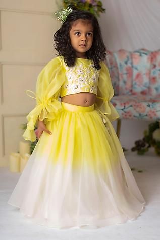 Shop for Lil Angels Yellow Ombre Lehenga And Blouse Set For Girls Online at Aza Fashions Baby Frocks Style, Ombre Lehenga, Indian Dresses For Kids, Lehenga And Blouse, Kids Party Wear Dresses, Kids Ethnic Wear, Kids Dress Collection, Organza Embroidery, Kids Blouse Designs