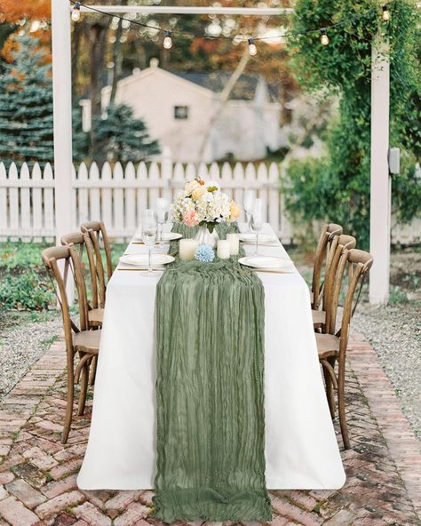 Boho sage green cheesecloth table runner. Summer, Fall, Spring, weddings amazon #comissionearned Green Cheesecloth Table Runner, Arch Drapery, Baby Shower Verde, Green Table Settings, Green Tablescape, Table Runner For Wedding, Gauze Table Runner, Party Cake Table, Cheesecloth Table Runner