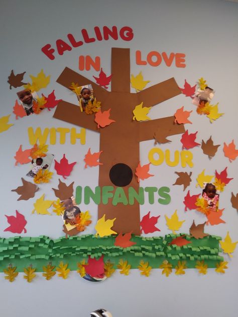 Fall Decorations For Infant Classroom, Fall Classroom Ideas Infants, Fall Daycare Room Ideas, Classroom Decor For Infants, Infant Room Door Decorations Fall, Fall Bulletin Boards Infant Room, Fall Infant Room Decorations, September Bulletin Boards For Daycare, Fall Classroom Board Ideas