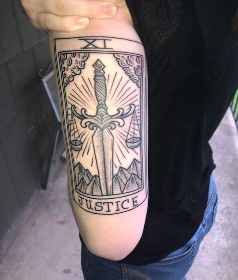 Justice Tarot Card.  Mikhala Christopher Justice Tarot Tattoo, Justice Tarot Card Tattoo, Tattoo Tarot Card, Dark Sleeve, Justice Tarot Card, Witchy Tattoos, Justice Tattoo, Justice Tarot, Balance Tattoo