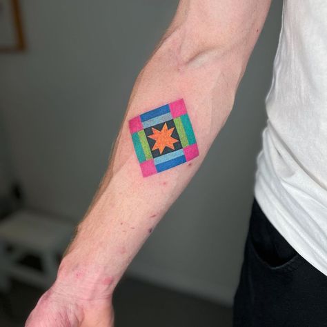 Flash day was so much fun!! Everyone was amazing and the highlight of the day was Grace making me this mini quilt from the square I drew 😭 … | Instagram Patchwork Quilt Tattoo, Quilt Block Tattoo, Quilt Square Tattoo, Quilt Tattoo Ideas, Quilt Tattoo, Square Tattoo, Highlight Of The Day, Embroidery Stitching, Small Tattoo