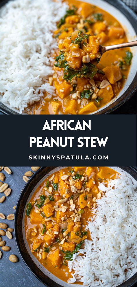 This African peanut stew with kale is a one-pot meal that’s naturally vegan and incredibly flavourful. The peanut stew is super easy to make for a comforting dinner that’ll please the entire family. Vegetarian African Peanut Stew, Oh She Glows African Peanut Stew, African Peanut Stew Crockpot, African Sweet Potato Peanut Stew, African Ground Nut Stew, African Peanut Stew Chicken, African Pumpkin Stew, Vegan South African Recipes, African Vegetable Recipes