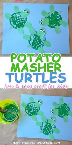 Potato Masher Turtle Craft – HAPPY TODDLER PLAYTIME Infant Turtle Crafts, Pond Projects For Preschool, Sea Turtle Art Preschool, Blowfish Craft, Sea Crafts For Toddlers, Pond Crafts, Turtle Craft, Under The Sea Crafts, Ocean Theme Preschool