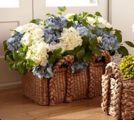 Basket With Flowers, Hydrangea Arrangements, Silk Arrangements, Faux Hydrangea, Pottery Barn Inspired, Summer Garden Party, Faux Flower Arrangements, Silk Flower Arrangements, Flower Display