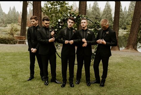 #groom #groomsmen #allblacktux #tuxedo #wedding #weddingideas #weddinginspiration #forestwedding #pnw #portlandoregon Dark Wedding Theme, Wedding Groomsmen Attire, Black And White Wedding Theme, Black Suit Wedding, Groom Wedding Attire, White Wedding Theme, Food Catering, Groom And Groomsmen Attire, Wedding Suits Groom