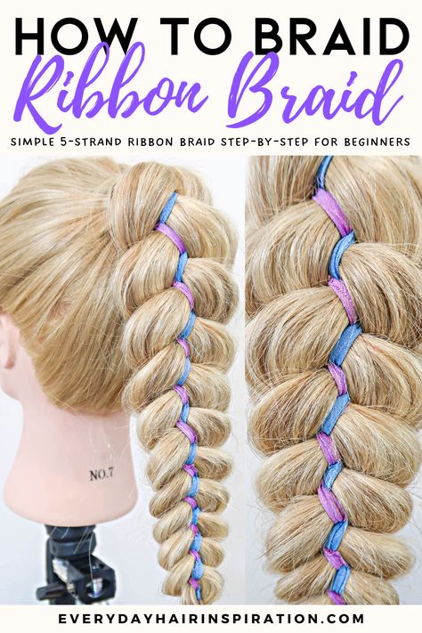 how to 5 strand ribbon braid How To Braid With Ribbon In Hair, Braid Ribbon In Hair, Braids With Ribbon Tutorial, Ribbon In Braids, Ribbon In Braid, Dutch Braid With Ribbon, How To Braid Ribbon Into Hair, Braids With Ribbons In Them, French Braid With Ribbon