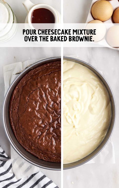 cheesecake mixture poured over the baked brownie in a cake pan Cake Pan Cheesecake, Cake Bottom Cheesecake, Cheesecake With Brownie Crust, Brownie Bottom Cheesecake Recipe, Brownie Cheesecake Recipe, Brownie Bottom Cheesecake, Pretzel Hugs, Cheesecake Mixture, Cheesecake With Whipped Cream