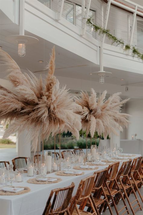 Boho Wedding Fairy Lights, Table Settings Boho Wedding, Boho Chic Reception Decor, Pampas Grass Reception Decor, Boho Reception Centerpieces, Modern Boho Wedding Centerpieces, Boho Wedding Chairs, Pampas Wedding Table Decor, Pompass Grass Table Decor