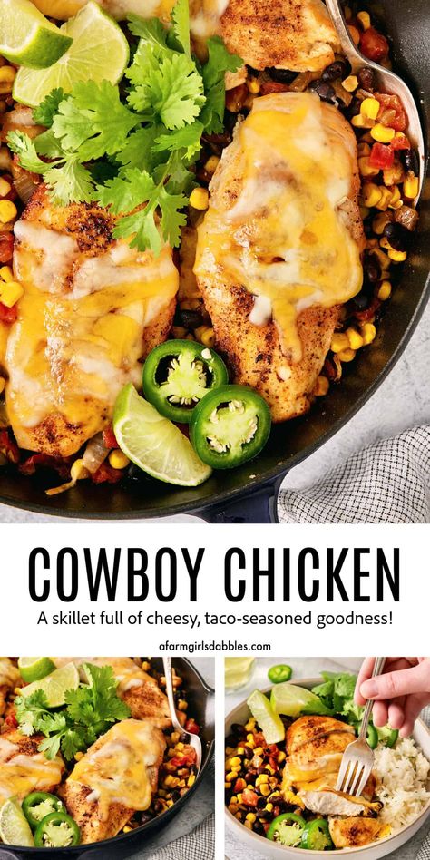 This Cowboy Chicken recipe is a skillet full of taco-seasoned goodness. Featuring seared chicken breasts covered in a blanket of cheese, plus black beans, corn, and Rotel - it's a hearty, delicious, family-pleasing meal! Cowboy Chicken, Fowl Recipes, Rotel Recipes, Beans And Tomatoes, Black Beans Corn, Seared Chicken Breast, Seared Chicken, Poultry Dishes, Chicken Ideas