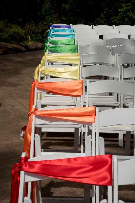 Rainbow Themed Wedding Decor, Pride Table Decor, Dark Rainbow Wedding, Pride Wedding Ideas, Rainbow Wedding Ideas, Rainbow Wedding Decorations, Wedding Chair Sash, Rainbow Wedding Theme, Rainbow Chairs