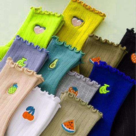 I will make creative sock and unique socks design Fruit Socks, Embroidered Fruit, Frill Socks, Socks Aesthetic, Kawaii Fruit, Frilly Socks, Embroidered Socks, Ruffled Socks, Trendy Socks