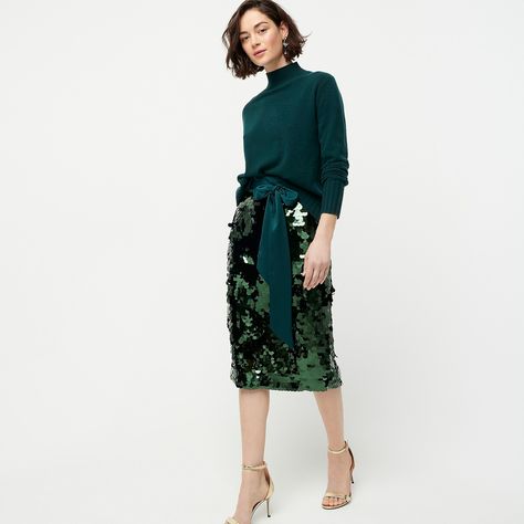 J.Crew: Satin-bow Paillette Sequin Skirt For Women Green Sequin Skirt, Sequin Skirt Outfit, Grey Pencil Skirt, Waffle Knit Sweater, Holiday Party Dresses, Green Sequins, Skirt Outfit, Satin Skirt, Green Skirt