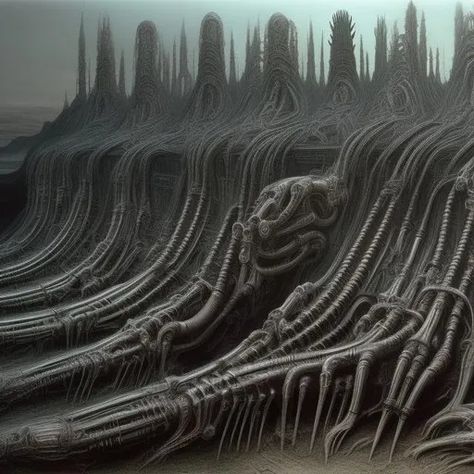 Horror, high quality, H. R. Giger, Biomechanical lan... Horror High, Hr Giger Art, Dystopian Aesthetic, Giger Art, Alien Party, H.r. Giger, Mechanical Art, Floor Wallpaper, Brutalist Architecture