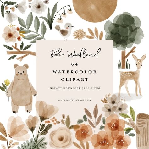 64 Boho Watercolor Woodland Animal Clipart Hand Painted | Etsy Boho Watercolor Art, Animal Frame, Wallpaper Business, Blog Branding Kit, Painted Deer, Woodland Clipart, Boho Logo Design, Boho Instagram, Kelly Smith