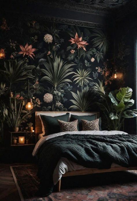 Dark Boho Bedroom Design Ideas - Cozy, Chic, and Eclectic Inspirations Dark Boho Bedroom, Jungle Bedroom, Dark Boho, Boho Bedroom Design, Feminine Bedroom, Moody Bedroom, Dark Bedroom, Dark Home Decor, Sanctuary Bedroom