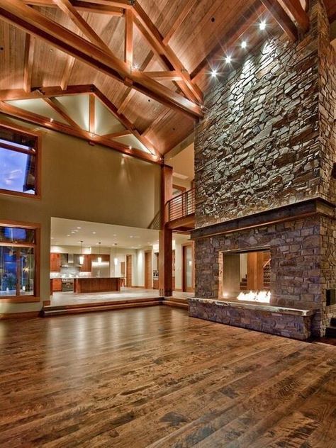 Rustic Chic Living Room, Stone Fireplace Designs, Design Camino, Rustic Family Room, Hunting Style, Contemporary Family Room, Double Sided Fireplace, Chic Living Room, Pole Barn Homes