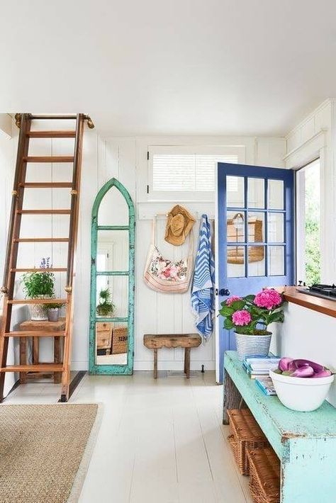 Beachside House, Colorful Beach House, Martha Vineyard, Beach House Tour, Fishing Shack, Dekorasi Kamar Tidur, Beach House Interior, Beach Cottage Style, Blue Door