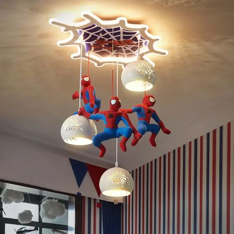 Marvel Spiderman new smart cool personalized creative cartoon super bright decorative chandelier for Nordic Kids Bedroom, Spiderman Bedroom, Spiderman Room, Kids Toy Kitchen, Modern Lampshade, Art Deco Pendant Light, Unique Pendant Lights, Kids Room Lighting, Deco Lighting