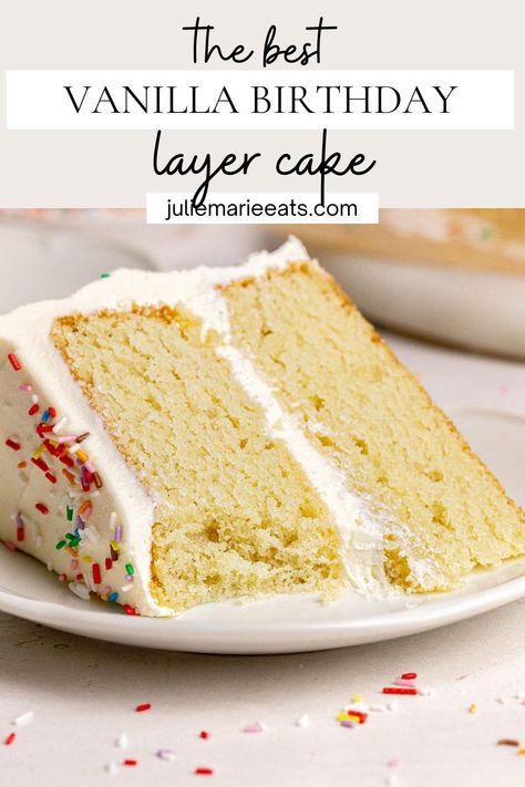 The best soft and moist Classic Vanilla Birthday Cake! These easy and delicious layers of moist vanilla cake are sandwiched together with smooth vanilla buttercream frosting! Vanilla Cake Recipe Moist, Homemade Cake Mixes, Easy Party Desserts, Moist Vanilla Cake, Vanilla Birthday Cake, Party Food Dessert, Layer Cake Recipes, Homemade Frosting, Vanilla Buttercream Frosting