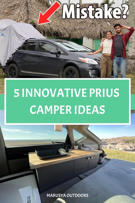 Two people stand beside a car with a tent over its trunk; text reads "5 Innovative Prius Camper Ideas". Prius Living, Prius Camper, Prius Camping, Essential Camping Gear, Convertible Bed, Camper Ideas, Eco Friendly Travel, Compact Cars, Toyota Prius