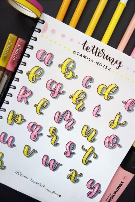 Whether you want to change up your header / title lettering or need a new bullet journal font, these awesome alphabet lettering ideas and spreads will give you the inspiration you need! #bujolettering #alphabet #fonts #bujofont #bulletjournal Journal Font Ideas, Handlettering Alphabet, Bullet Journal Fonts, Letter Styles, Penanda Buku, Schrift Design, Bullet Journal Font, Lettering Guide, Font Ideas