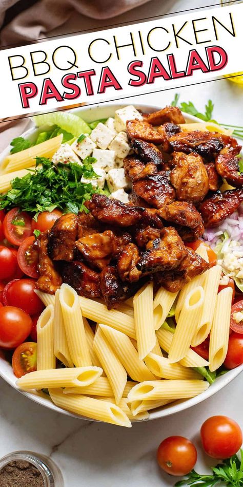 Chicken Feta Pasta, Bbq Chicken Pasta Salad, Pasta Salad Easy, Chicken Feta, Bbq Chicken Pasta, Shallot Vinaigrette, Feta Pasta Salad, Easy Bbq Chicken, Chicken Dishes Easy