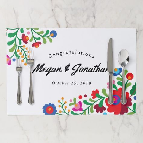 Mexican Embroidery Customized Paper Placemats | Zazzle.com Placemats For Wedding, Wedding Anniversary Celebration, Mexican Embroidery, Paper Placemats, Paper Place, Mexican Wedding, Wedding Rehearsal, Gifts For An Artist, Wedding Watch