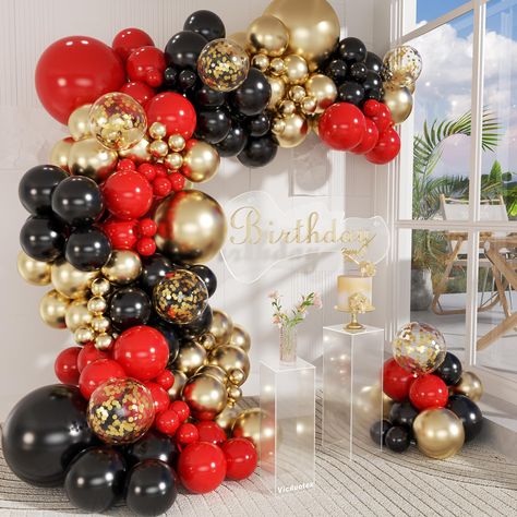 PRICES MAY VARY. Package Include: The 147pcs red black and gold balloon garland kit contain 51pcs red balloons(18inch 1pcs, 12inch 10pcs, 10inch 15pcs, 5inch 25pcs), 37pcs metallic chrome gold balloons(18inch 2pcs, 10inch 15pcs, 5inch 20pcs), 5pcs 12inch gold confetti balloons, 46pcs black balloons (18inch 1pcs, 12inch 10pcs, 10inch 10pcs, 5inch 25pcs), 32 feet ribbonx1, glue dotsx60, decorative stripx1, long balloonsx5 Great Quality: The red black gold party decorations are made from great qual Red Black And Gold Masquerade Centerpieces, Black And Gold Christmas Backdrop, Red And Black Balloon Columns, Red Black And Gold Theme Party, Black And Red Quinceanera Decorations, 43 Birthday For Women Theme, Masquerade Ball Balloon Arch, Gold Red And Black Party Decor, Elegant Red Black And Gold Party Decorations