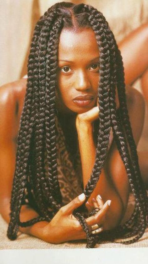 Box #Braids by Anu Prestonia for Essence Magazine (Dec. 1992) #KhamitKinks Big Braid Styles, Fluffy Braids, Faux Loc, Big Box Braids, Blonde Box Braids, Big Braids, Jumbo Box Braids, Long Box Braids, Box Braids Styling