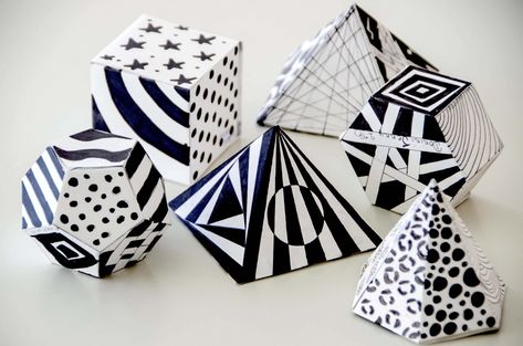 3-D Geometric Paper Shapes with Patterns Line Art Projects, Classe D'art, Vika Papper, Paper Shapes, Art Cube, Sculpture Lessons, Shapes And Forms, Art Lessons Middle School, Geometric Shapes Art