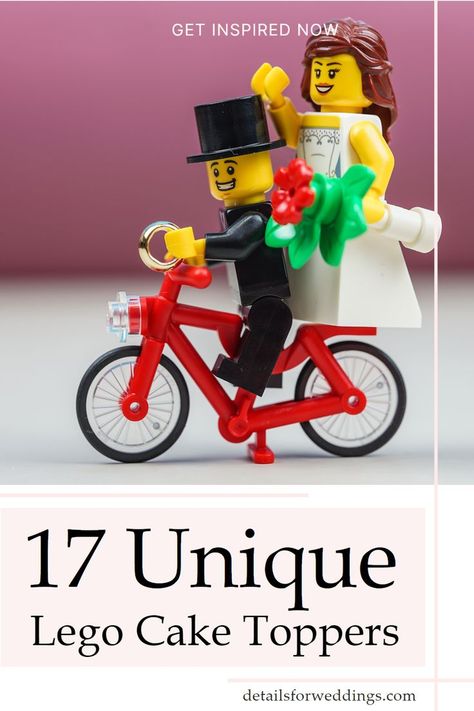 wedding cake leggo with a couple on a bike Lego Wedding Cake, Fun Wedding Cake Toppers, Lego Wedding Cakes, Lego Cake Topper, Lego Card, Lego Wedding, Bicycle Wedding, Wedding Wows, Wedding Cake Toppers Unique