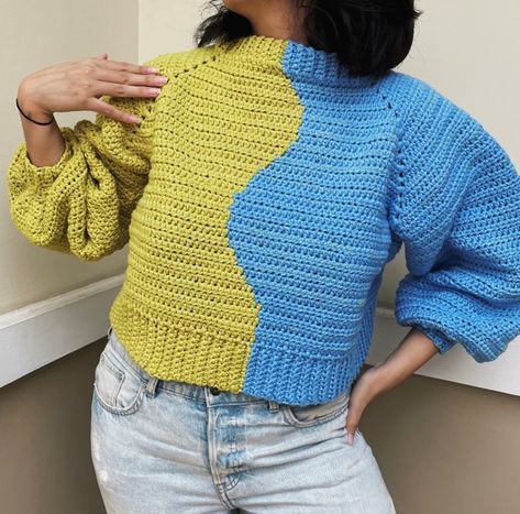 wavy colorblock sweater - Made in the Moment's Ko-fi Shop - Ko-fi ❤️ Where creators get support from fans through donations, memberships, shop sales and more! The original 'Buy Me a Coffee' Page. Color Block Crochet Sweater, Diy Crochet Granny Square, Free Crochet Sweater Patterns, Free Crochet Sweater, Camisole Pattern, Crochet Garments, Crochet Sweater Pattern, Crochet Shrug Pattern, Crocheting Projects