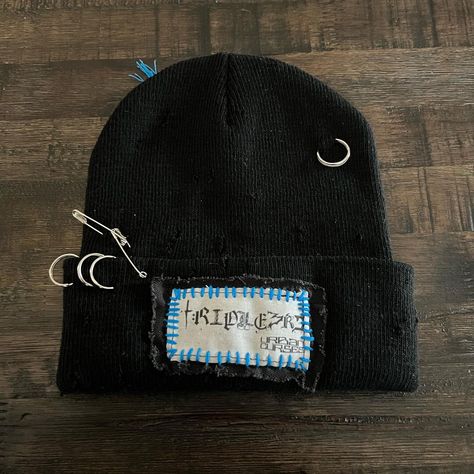 🌐TRIPLE3RD🌐 •+Staple018+• & •+Staple019+• Custom Upcycled 1/1 Beanies $30ea / $50 both Best for a smaller head size. Logo patch sewn to front. Machine & hand stitching. O rings added with pins for hardware detailing. Mild distressing throughout. A @no_name_no_reason patch on one, my distorted visage on the other. Handmade tags🏷️ All orders come with stickers and care instructions! Tag me if you take any pics❤️‍🔥 Dm to tap into custom work🫡 _________________________ #altfashion #gothicfash... Reworked Fashion, Reworked Clothing, Fringe Fashion, Bespoke Fashion, Diy Hat, Handmade Tags, Alt Fashion, Dark Wear, Diy Shirt