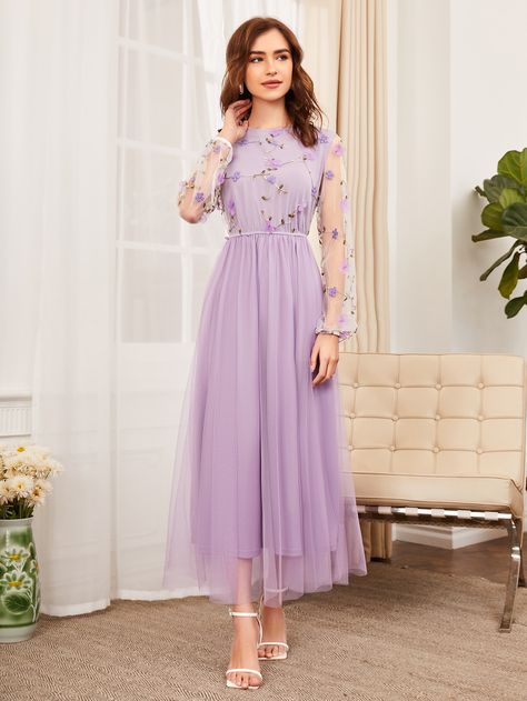 Lilac Long Sleeve Dress, Lilac Dresses Bridesmaid, Lavender Frock For Women, Lilac Frock, Vestidos Color Lila, Modest Purple Dress, Lilac Dress Outfit, Lilac Long Dress, Lavender Dress Outfit