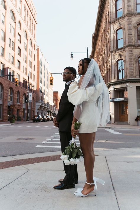 Editorial Wedding Aesthetic in Downtown Michigan | Bride and Groom Pictures | This elegant wedding couple had a modern wedding day in Michigan! The bride wore a modern elegant wedding dress and looked AMAZING! Get inspired by editorial wedding couple, unique wedding ideas, modern wedding aesthetic and bride and groom aesthetic. Book Brianna for your Michigan wedding day or Detroit wedding at unfilteredcollective.com! Civil Wedding Aesthetic, Civil Wedding Dress Courts Brides, Courthouse Wedding Black Couple, Fairytale Princess Wedding, Civil Wedding Dresses Courts, Court Photoshoot, Fairytale Bridal, Courthouse Wedding Dress, Ghana Wedding