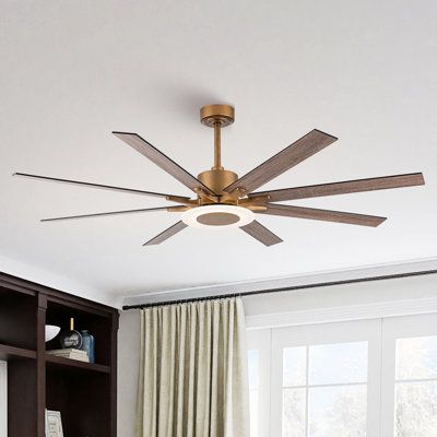 This modern 8-blade ceiling fan effortlessly combines style with functionality in your great room or large living area. With a 65" span and a sleek finish, the fan adds a contemporary feel to any space. The fan features an integrated LED light kit, providing energy-efficient illumination that's dimmable to set the mood. Plus, its acrylic white shade complements the fan body and blade colors, while the reversible motor offers six speeds for customized air circulation. This fan is compatible with Cieling Fans, Large Ceiling Fan, Scandinavian Ceiling, Windmill Ceiling Fan, Living Room Ceiling Fan, Large Ceiling Fans, Color Madera, Room Fan, Beige Living Rooms