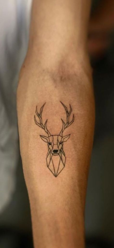 Stag Tattoo Minimalist, Deer Arm Tattoo, Men Line Tattoo Ideas, Deer Tattoo Minimalist, Stag Antlers Tattoo, Deer Line Tattoo, Hunting Adeline Tattoo, Fine Line Deer Tattoo, Deer Geometric Tattoo