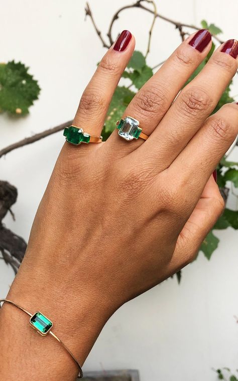 18k Yellow Gold Tonal Deco Surpreme Ring With Emerald By Yi Collection | Moda Operandi Emerald Ring Designs, Marissa Collections, Discount Jewelry, Deco Ring, Aquamarine Stone, Jewel Box, Fine Jewels, Emerald Ring, Yellow Gold Rings