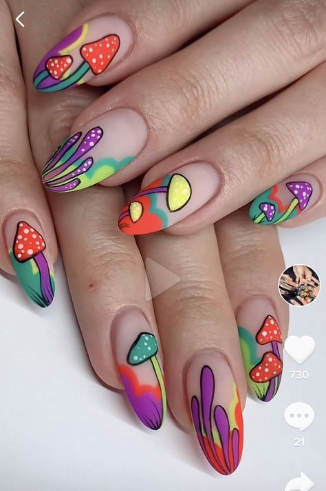 Cute Mushroom Nail Designs, Fun Creative Nail Designs, Mushrooms Nail Art, Nails With Mushroom Design, Mushroom Design Nails, Mushroom Nails Designs, Mushroom Nail Art Designs, Nail Designs Mushroom, Nails With Mushrooms